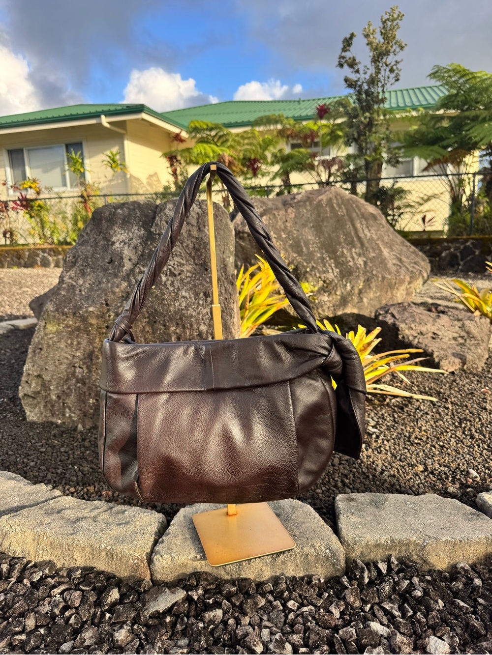 Furla Dark Brown Genuine Leather Twisted Handle Shoulder Bag Italy - Picture 3 of 10